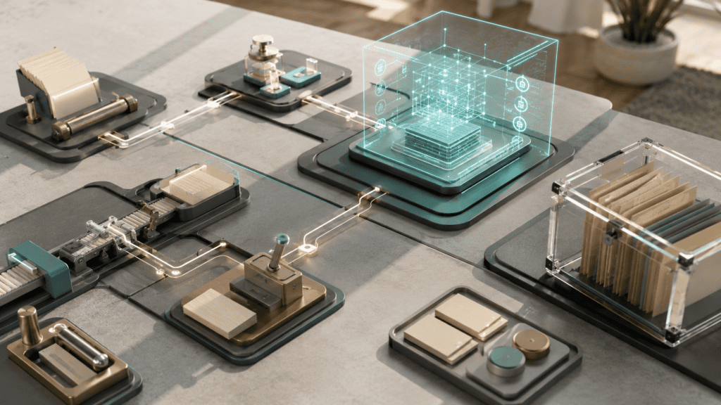 Dimensional editorial illustration of AI-assisted operational checkpoints, protected records, and review steps.