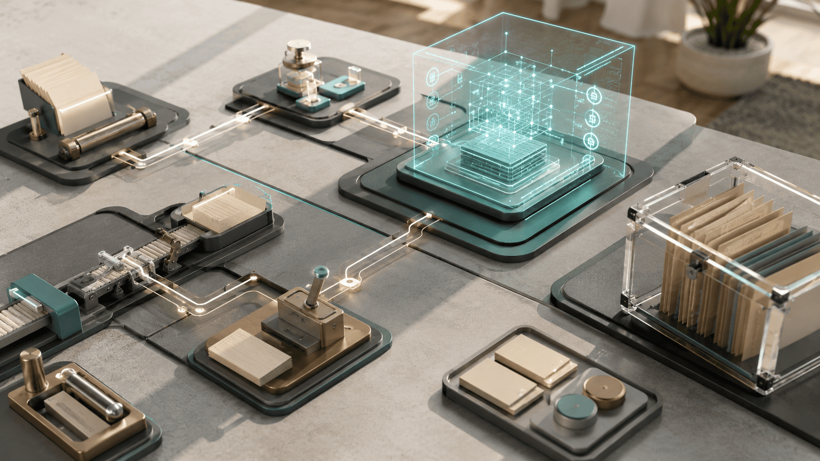Dimensional editorial illustration of AI-assisted operational checkpoints, protected records, and review steps.