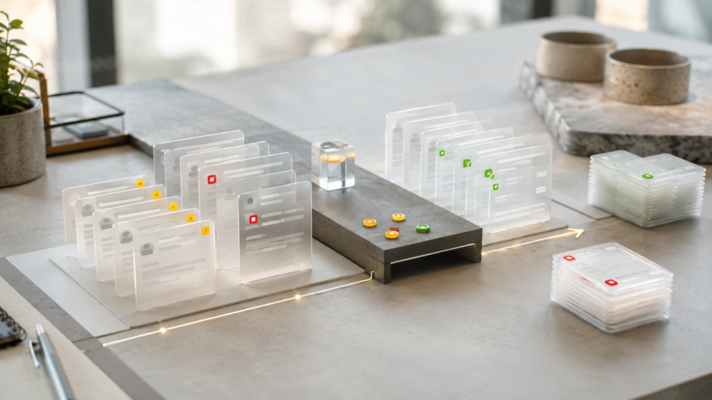 Abstract data cards moving through a staging checkpoint before entering a CRM system