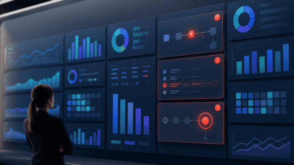 Operations dashboard emphasizing exception reporting and review items