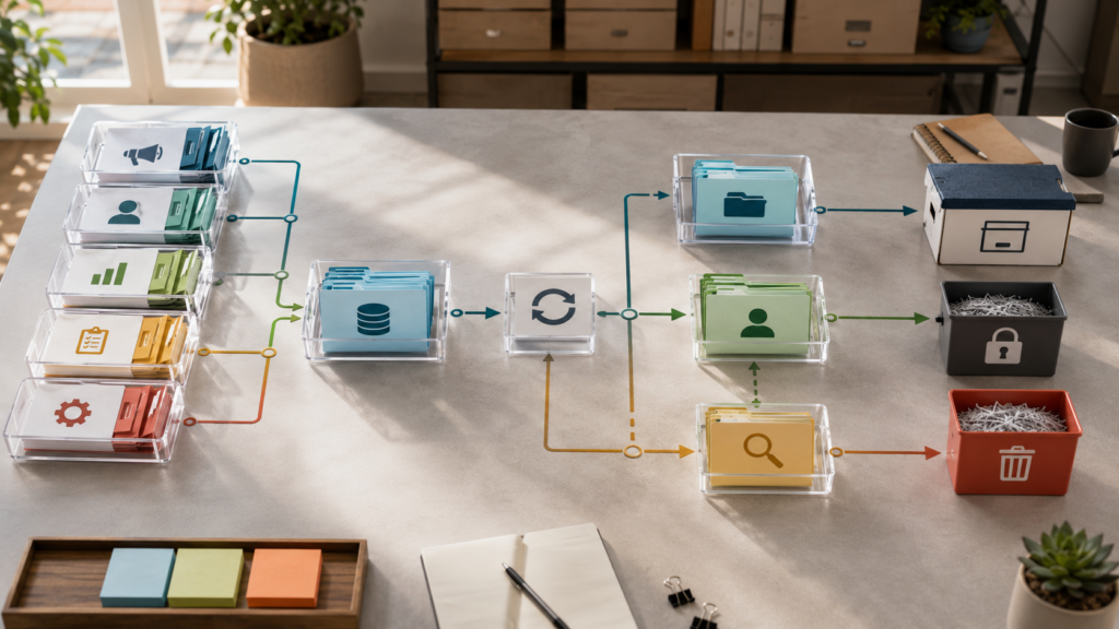 A visual data retention map showing active records, archive paths, review checkpoints, and secure disposal workflows.