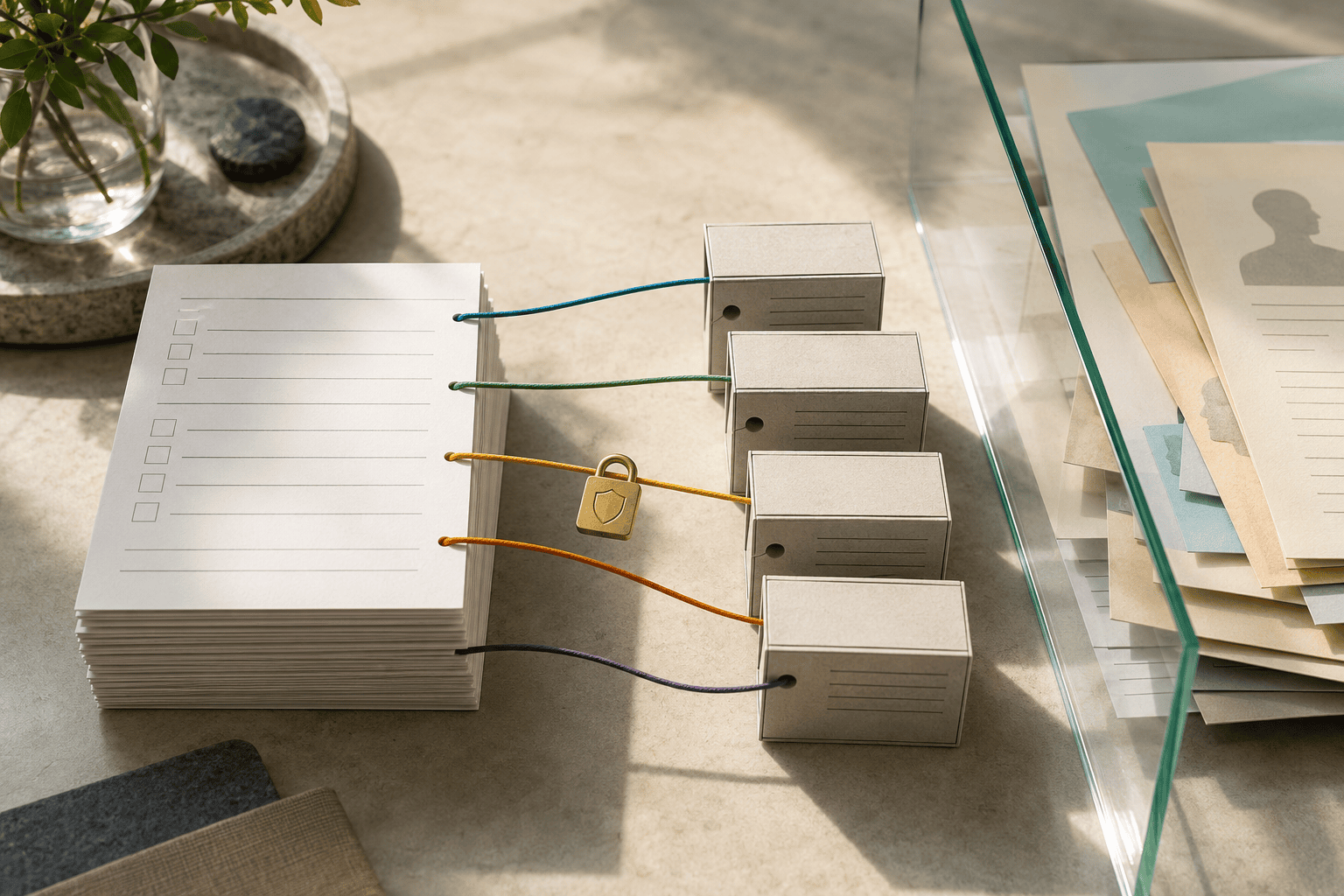 Blank survey cards connected by colored cords to organized record boxes, showing how stable identifiers connect survey responses without exposing personal details.