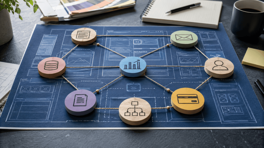 Website redesign blueprint with connected integrations and data workflows