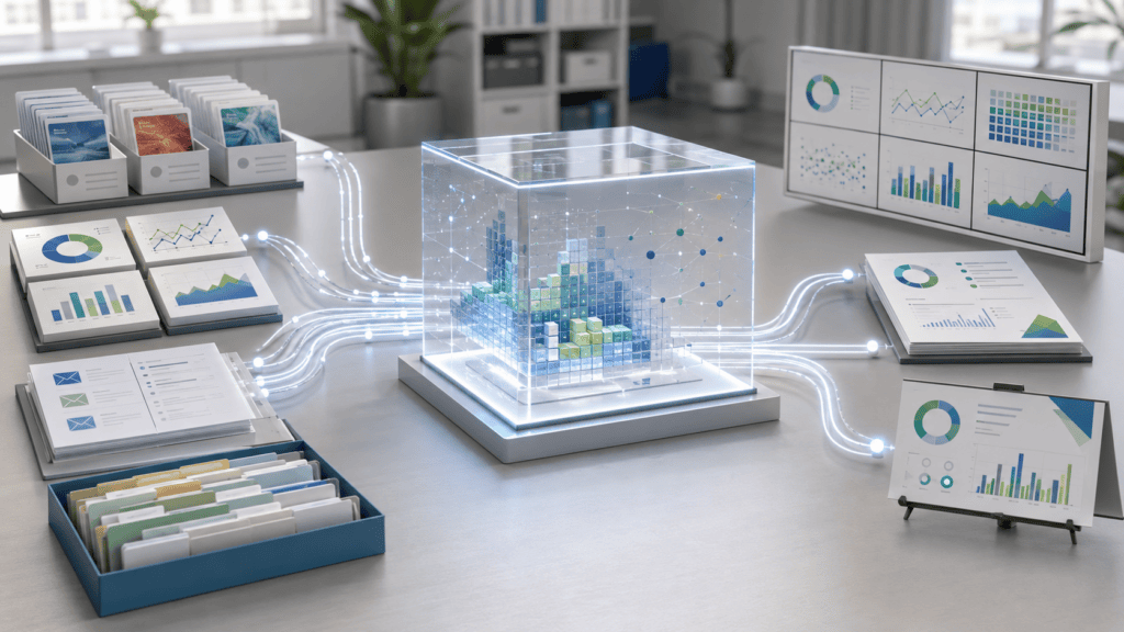 Connected reporting sources flowing into a central analytics workspace and stakeholder-ready reporting outputs.