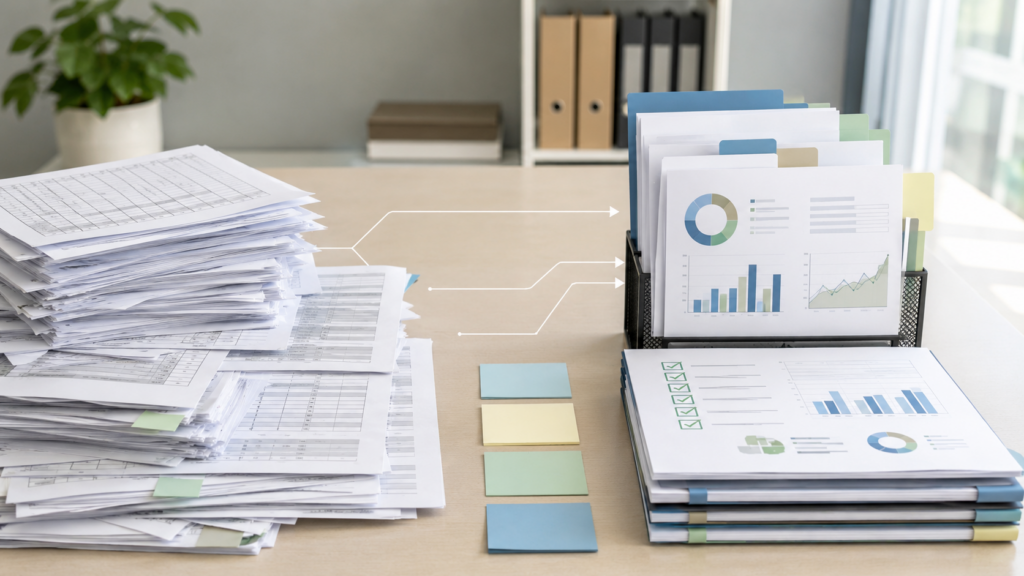 Manual spreadsheet reporting materials becoming an organized review-ready reporting packet