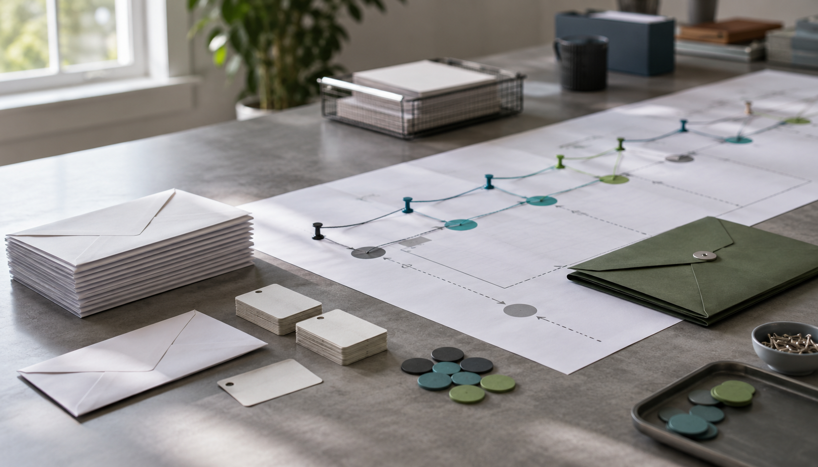 Editorial still life showing a survey invitation audit trail with connected process materials