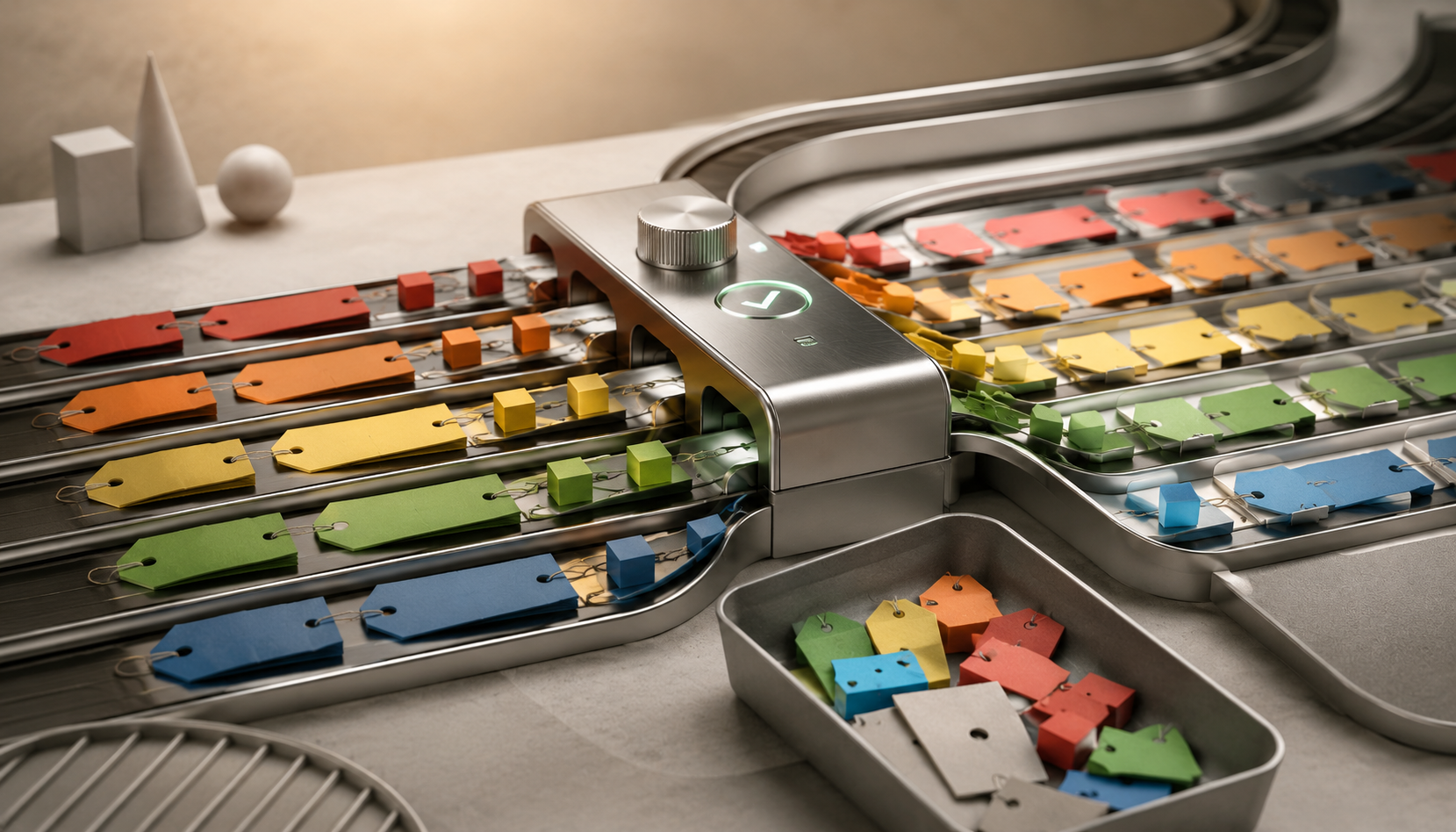 Editorial still life showing campaign link components passing through a quality-control sorting process for UTM governance.