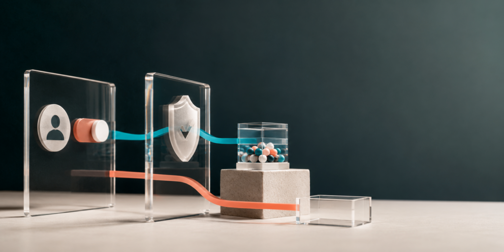 Transparent measurement paths pass through a privacy checkpoint before reaching an analytics archive