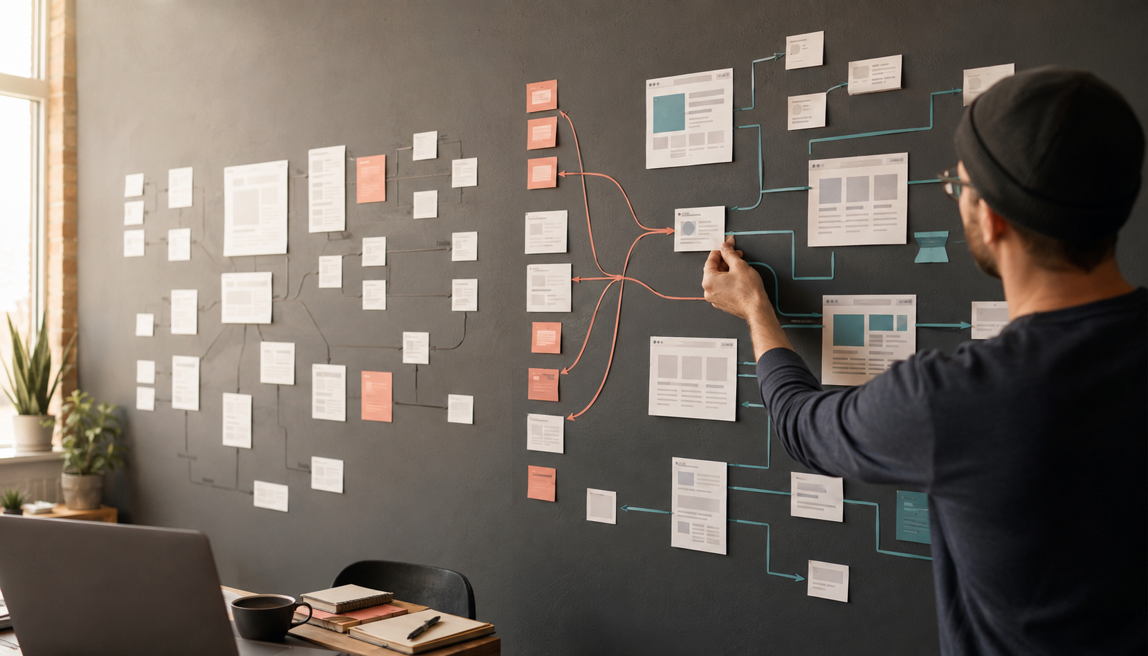 A developer maps old website paths to new destinations on a wall-sized route board