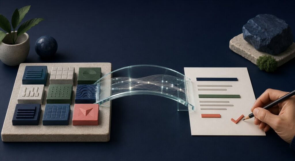 Editorial still life showing structured data moving through a transparent verification bridge into a human-reviewed summary