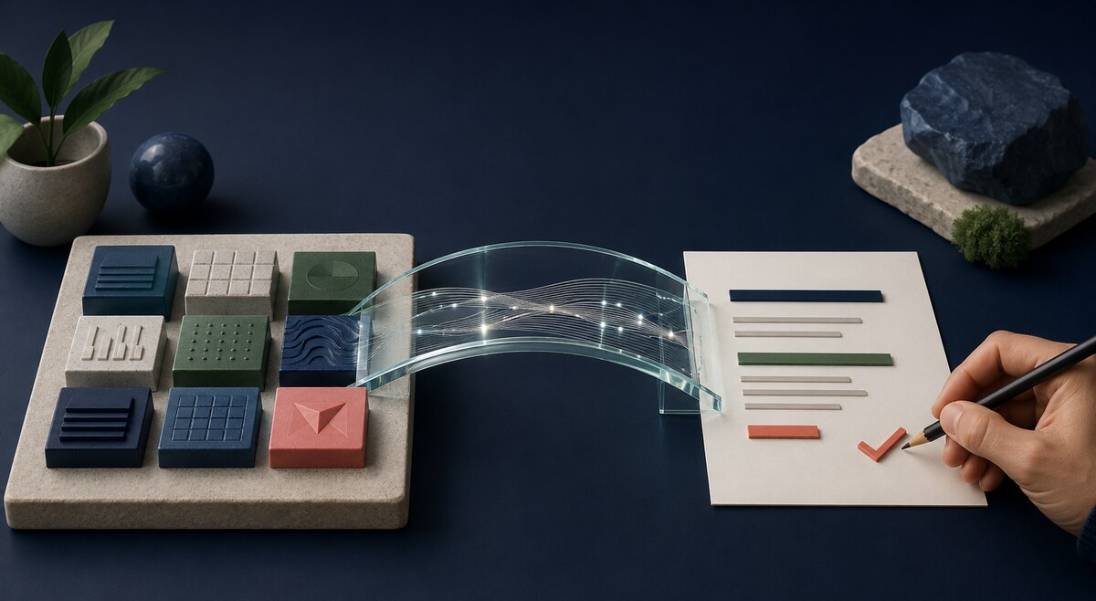 Editorial still life showing structured data moving through a transparent verification bridge into a human-reviewed summary
