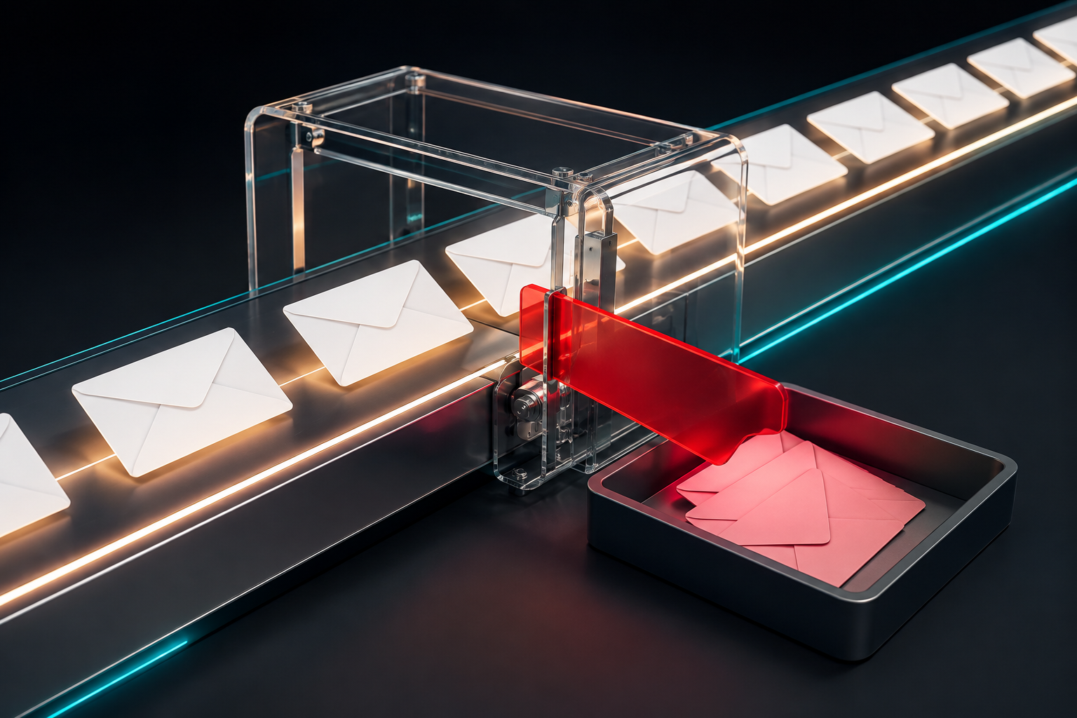A stream of envelopes passes through a red suppression gate into a review tray.