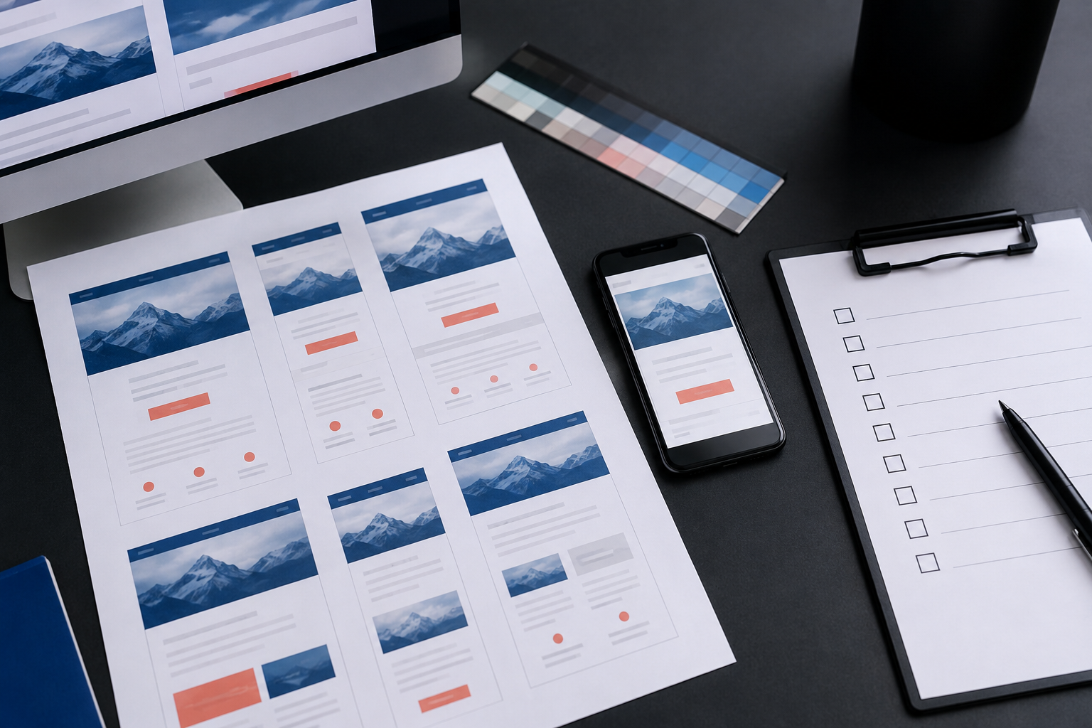 Email layout proofs shown on multiple devices beside a QA checklist