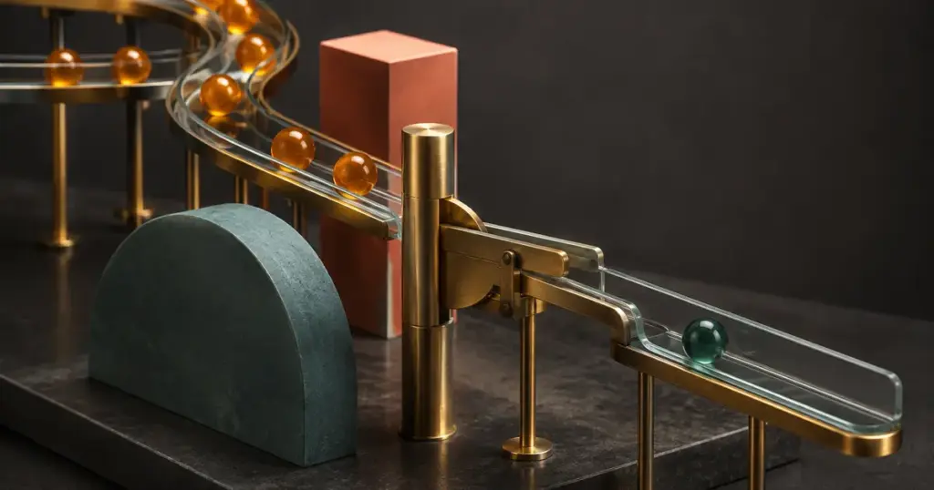 A brass routing sculpture diverts a completed green token from an ongoing sequence.