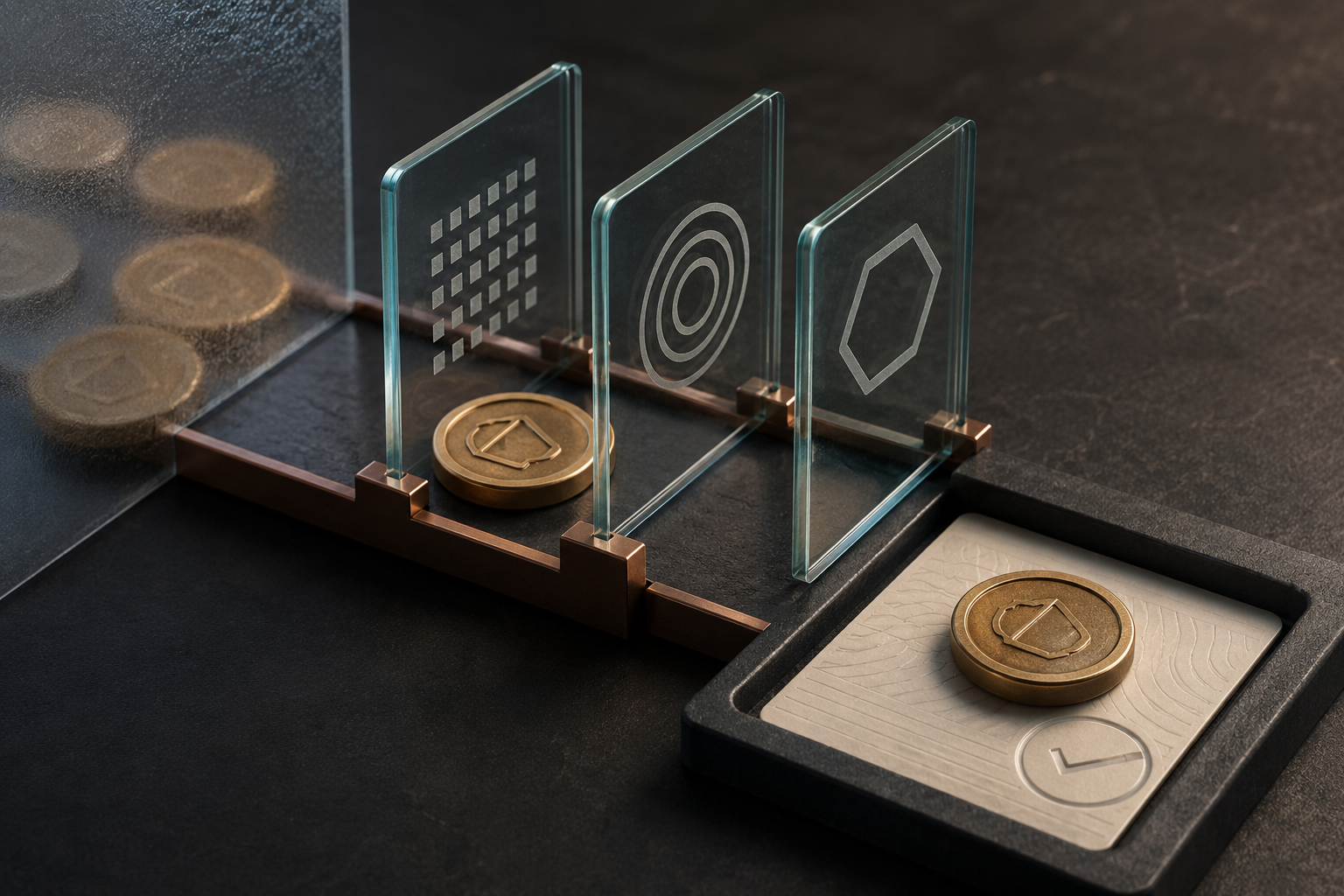 A token passes through transparent gates into one verified record while duplicate tokens are stopped