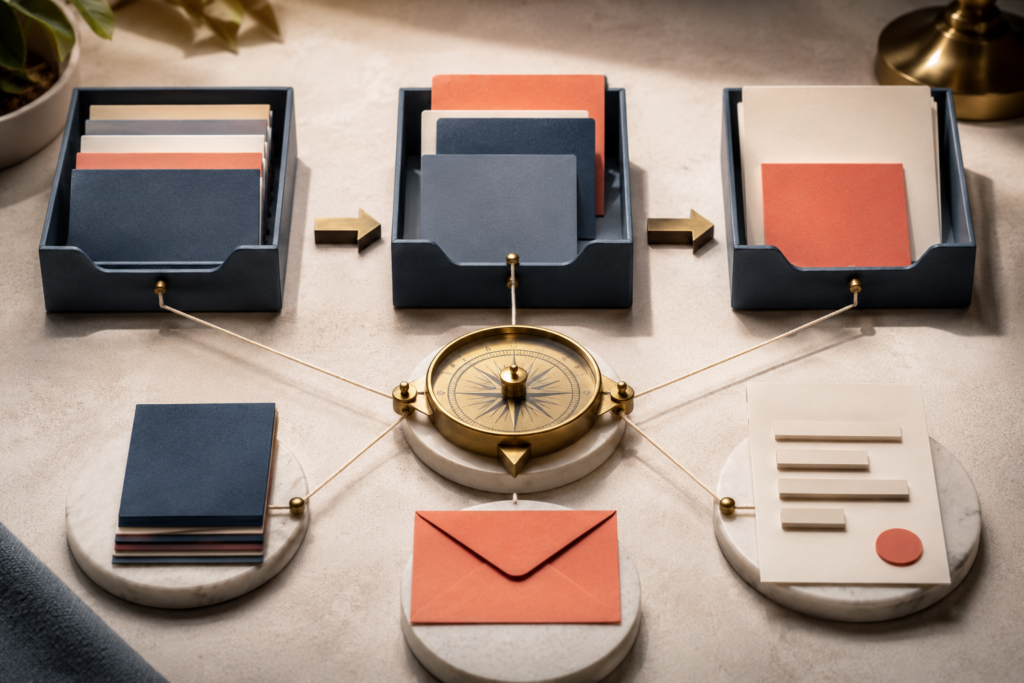 Three data trays connected by threads to a central compass, representing consistent field definitions across website, CRM, email, and reporting systems.