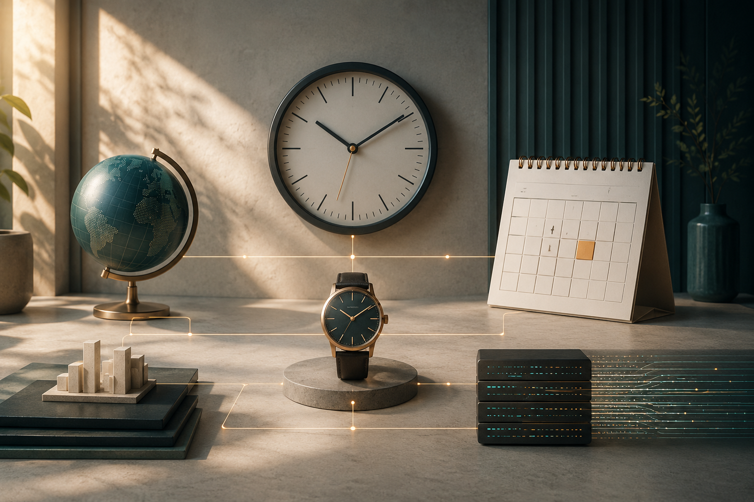 Clocks, a calendar, a globe, and data servers connected along one timeline