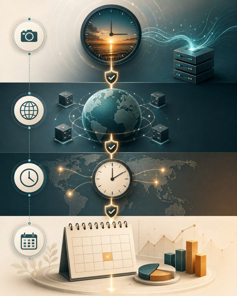 A visual flow from an event through UTC storage and local reporting