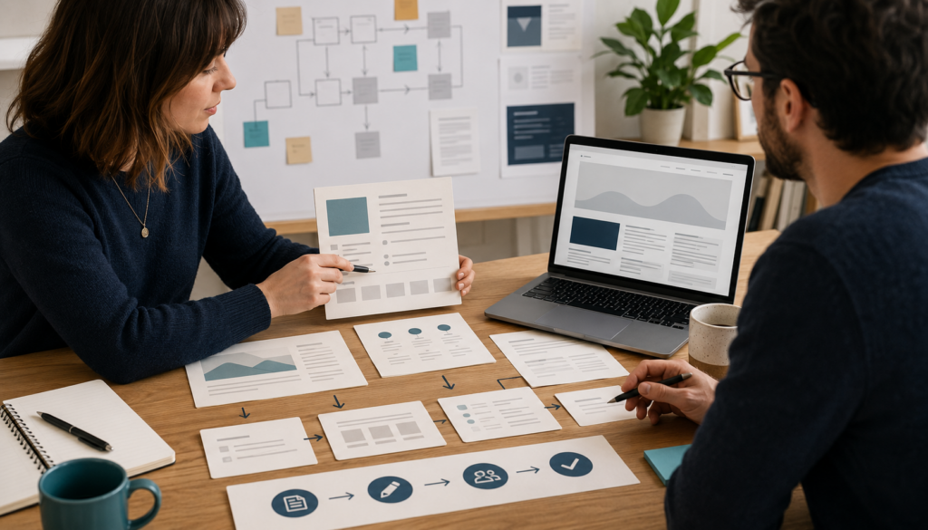 Editor and developer reviewing structured WordPress content cards and a publishing workflow