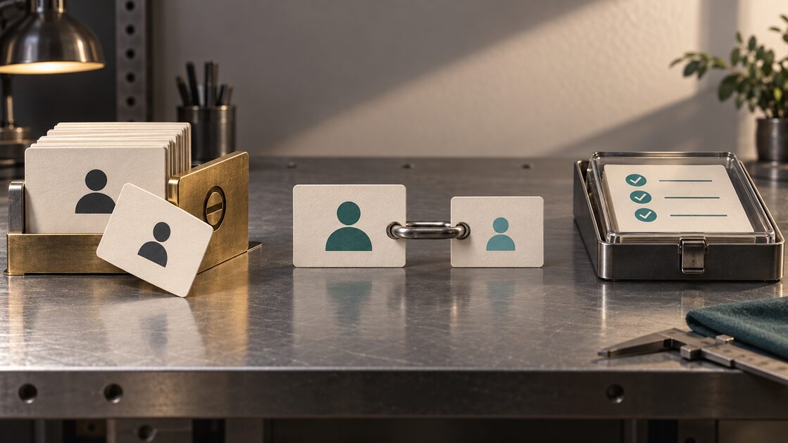 Physical record cards showing duplicate prevention, linked parent and child records, and a required-field checklist