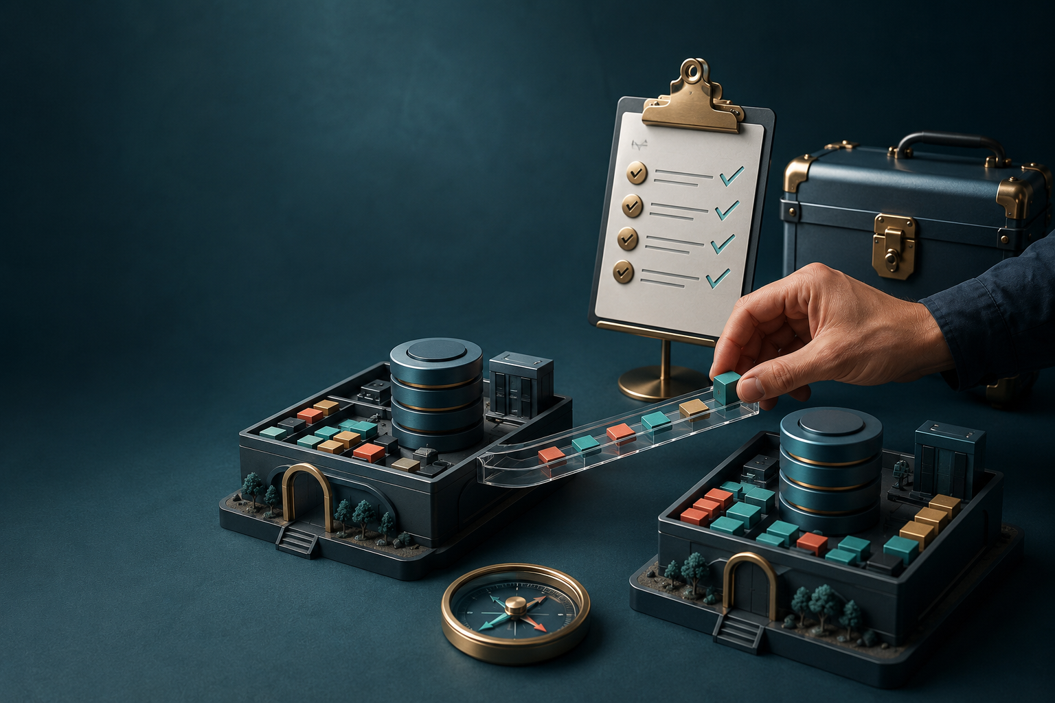A data migration rehearsal moves test records between two database environments while a validation checklist and rollback case stand nearby.