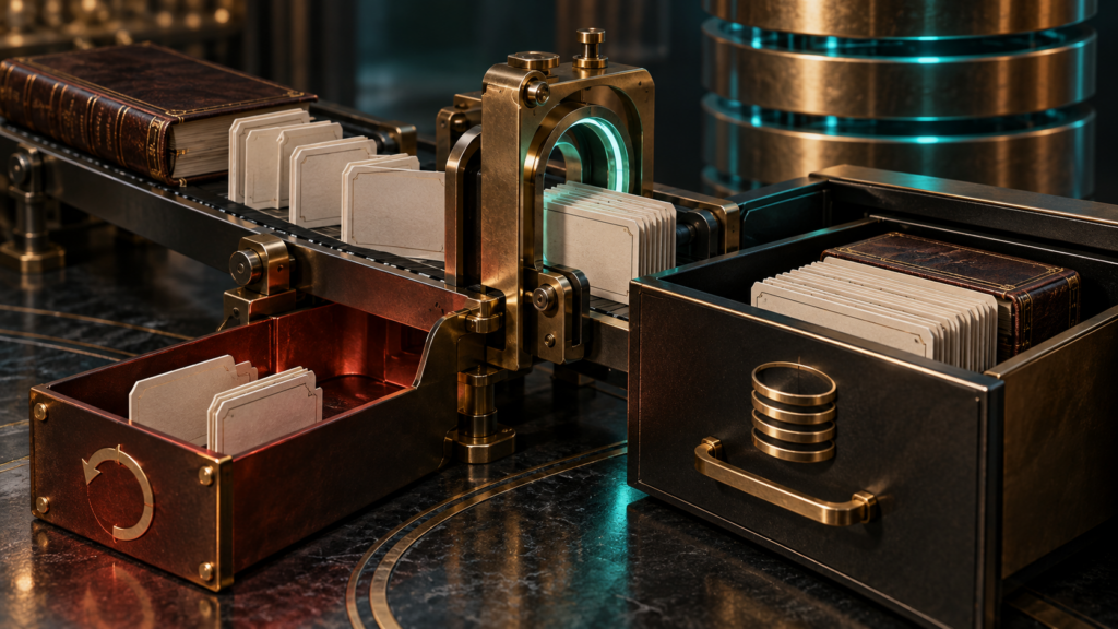 A database workflow sends related record cards through an all-or-nothing checkpoint, with incomplete records redirected to a rollback tray.