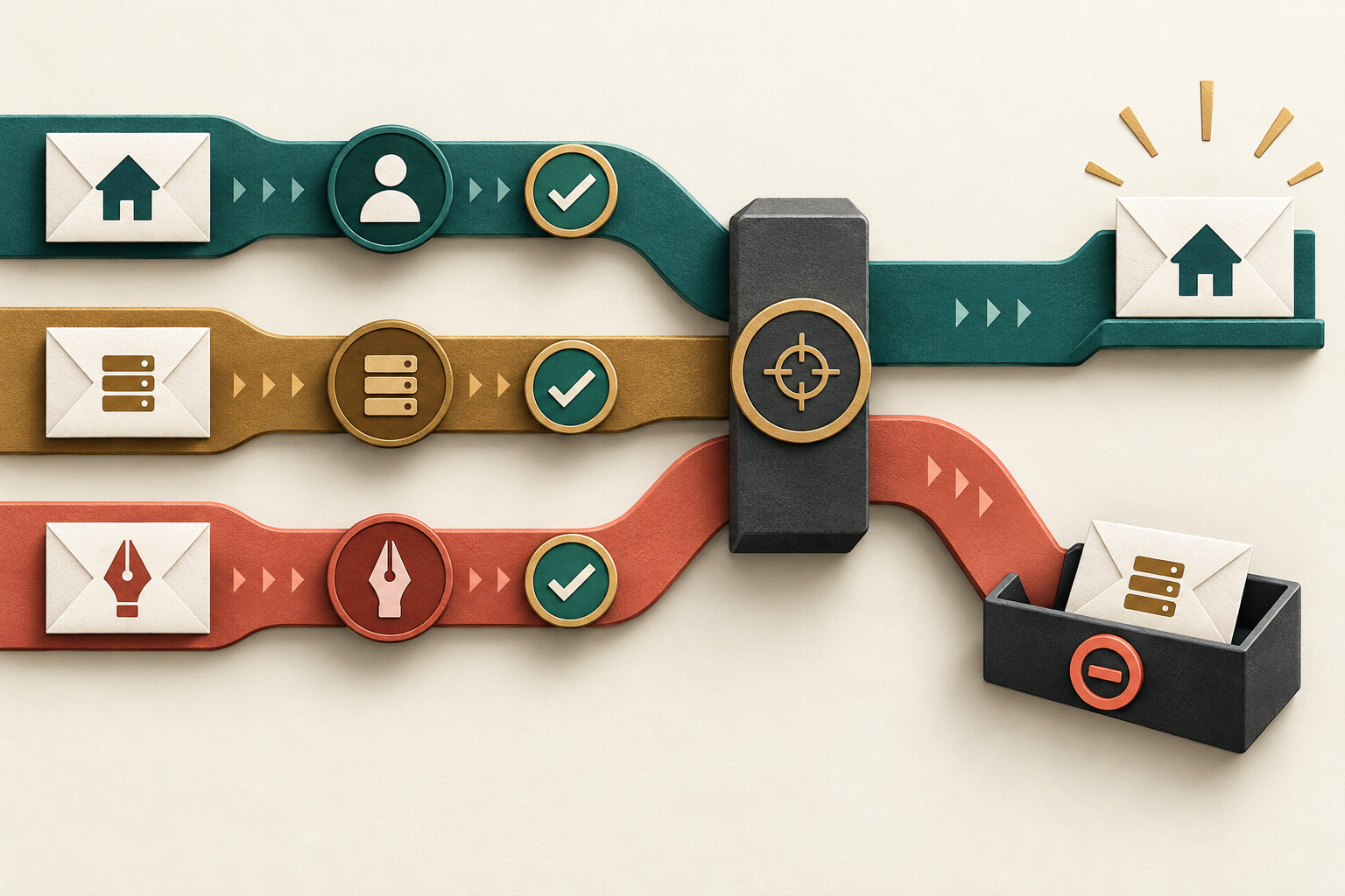 Three email identity paths converge at a DMARC alignment checkpoint
