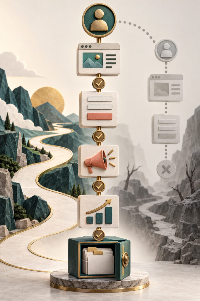 A verified analytics path connects a website interaction to page, form, campaign, and outcome context.