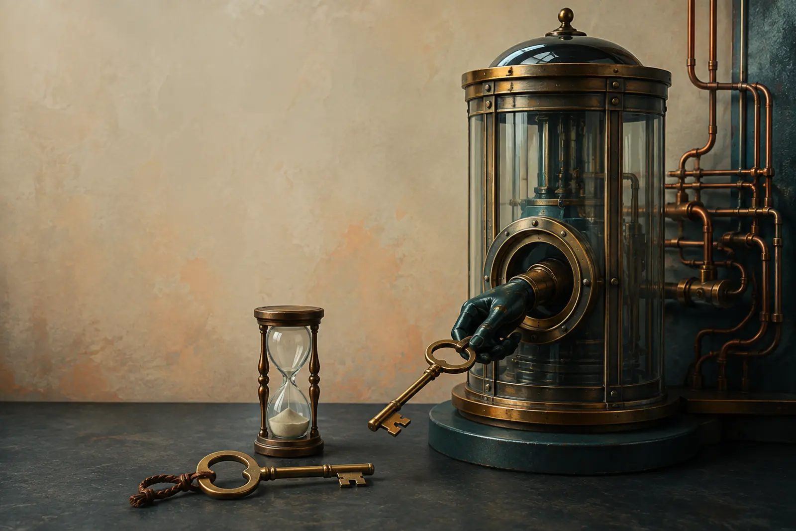 A secure relay chamber issuing a fresh key beside an hourglass, representing access token refresh and API authentication lifecycle