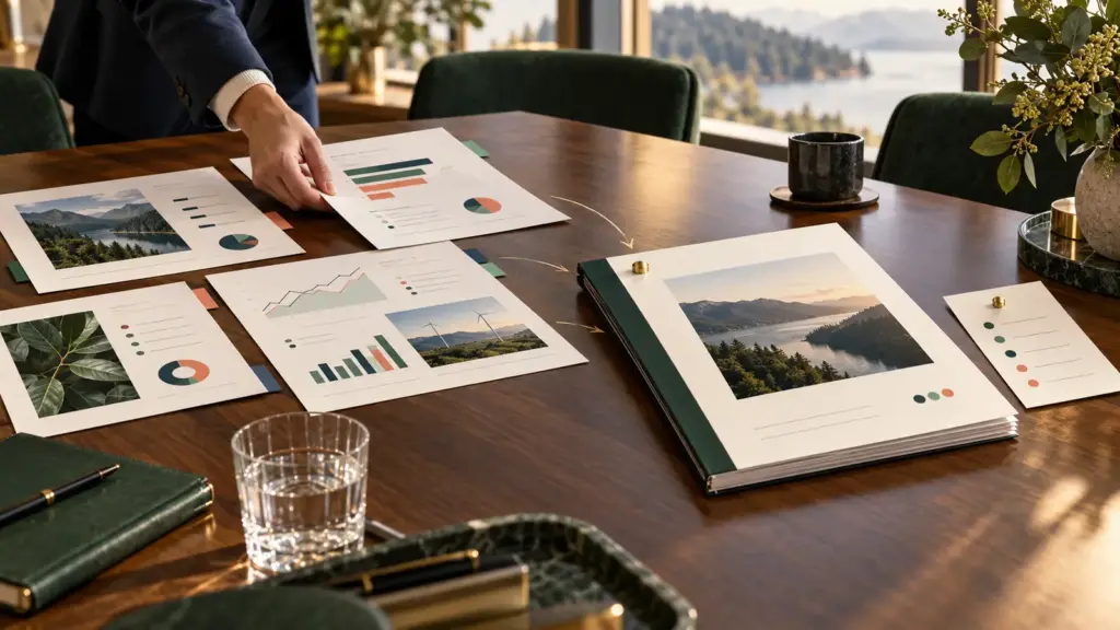 Printed reporting pages being assembled into a reviewed board-reporting packet.