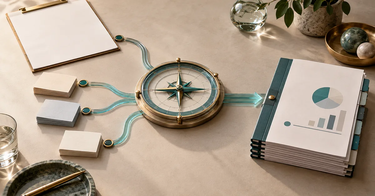 Physical reporting brief connected through a compass-like measurement workflow to a recurring report packet