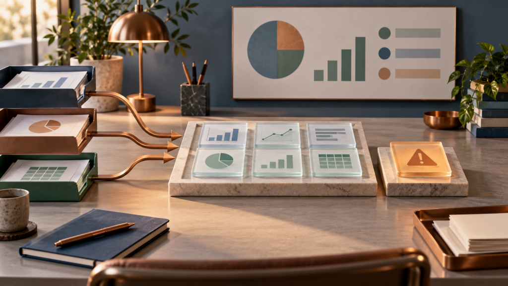Abstract reporting tiles from several source trays converging on a review station with one flagged tile set aside for attention.