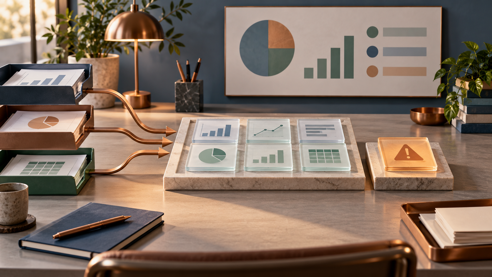 Abstract reporting tiles from several source trays converging on a review station with one flagged tile set aside for attention.