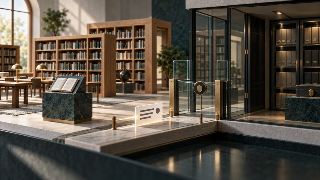 A public library model leading to a glass access gate for a secure records room, representing WordPress REST API permissions.