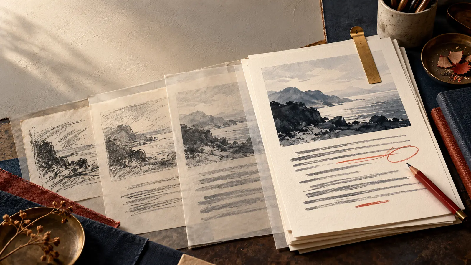 Layered manuscript pages showing an earlier version beneath a current page, representing WordPress revisions and editorial recovery.