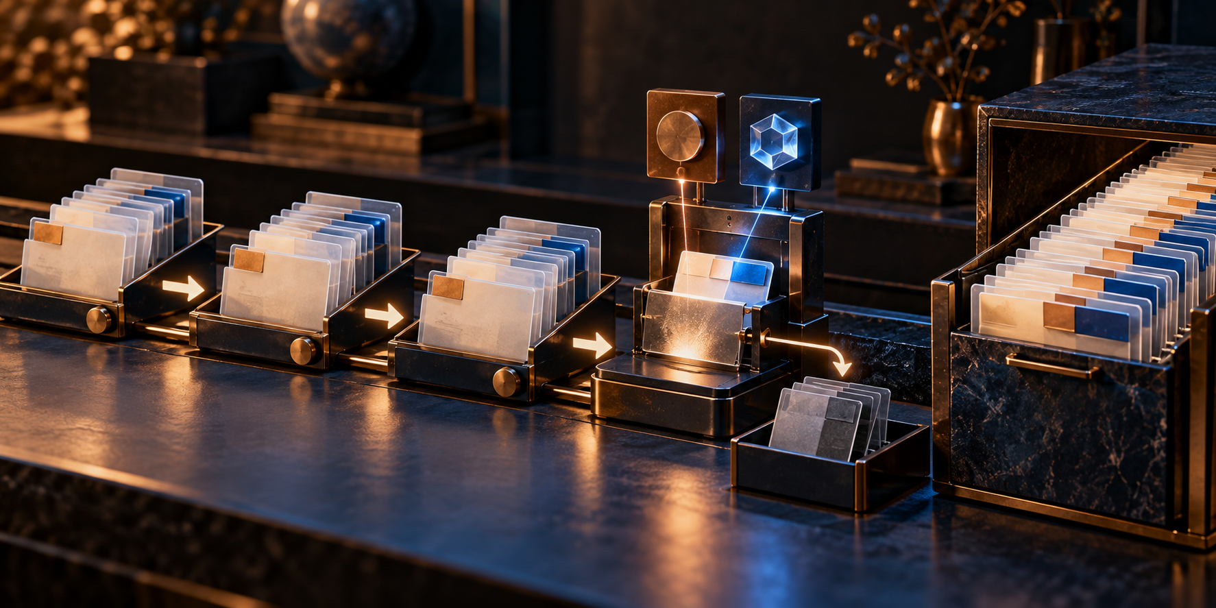 Editorial still life showing data packets moving through pagination checkpoints toward a reconciled archive