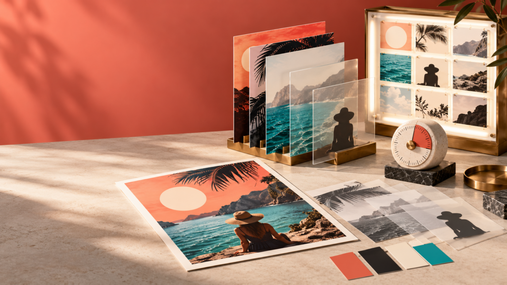 Editorial still life representing reusable personalized image templates and timezone-aware countdown GIFs