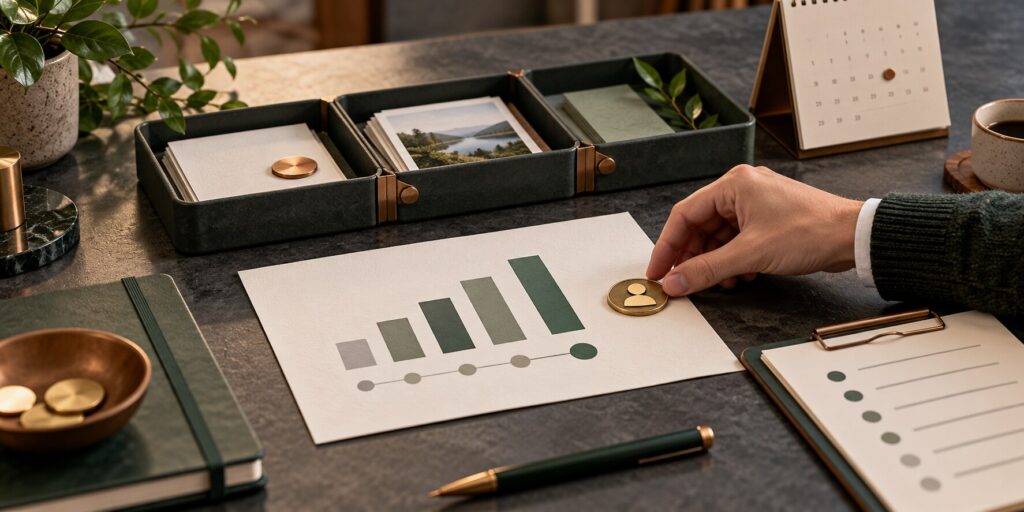A hand places an ownership token beside a KPI chart and review checklist