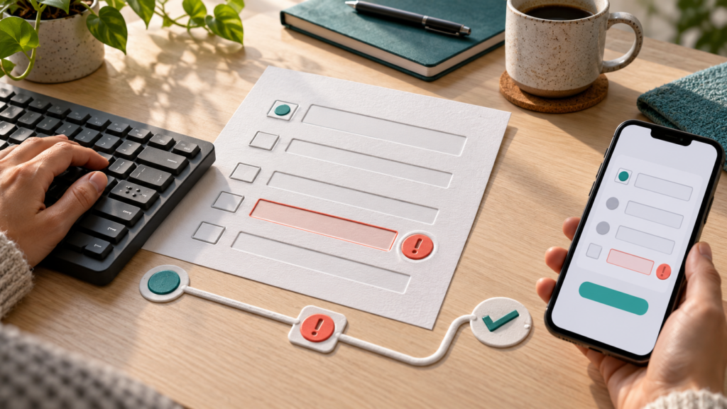 A paper survey form, keyboard, and mobile form connected by a path of accessibility and error-recovery checkpoints