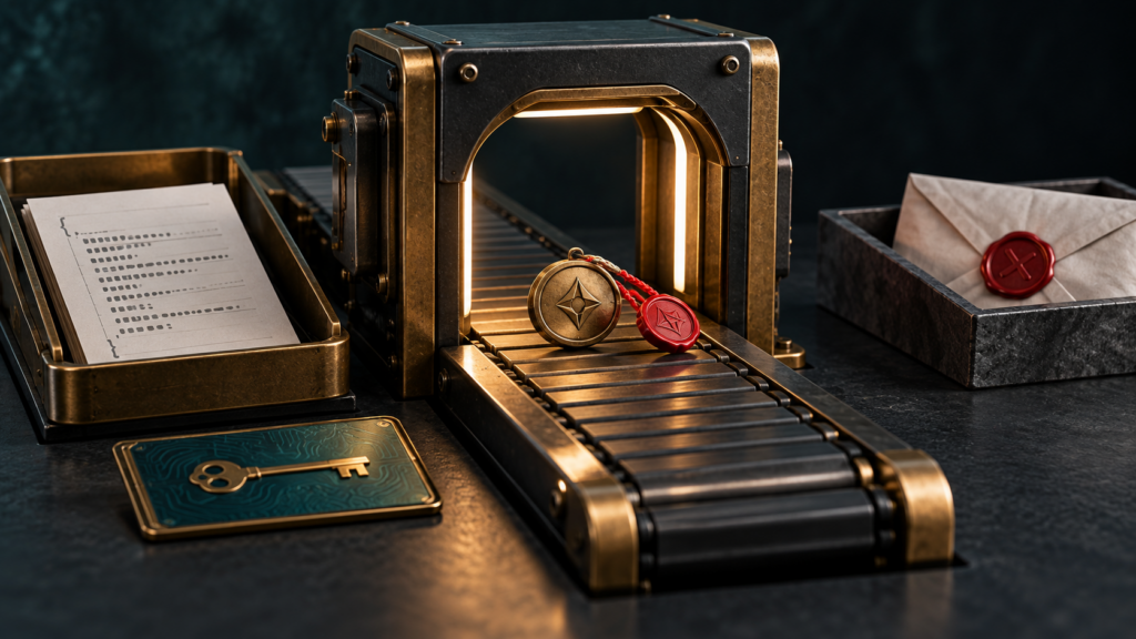 Editorial verification gate with a signed webhook payload, key card, and rejected delivery