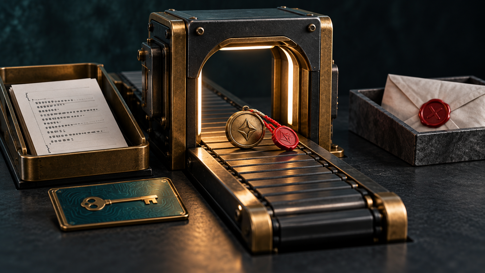 Editorial verification gate with a signed webhook payload, key card, and rejected delivery